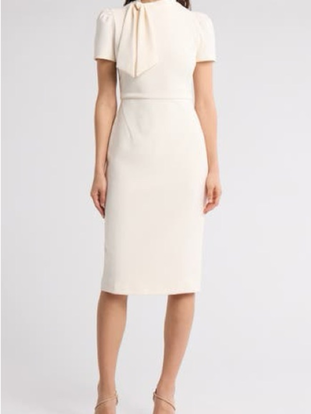 Maggy London Cream Tie-Neck Puff Sleeve Scuba Crepe Midi Dress | Size 4